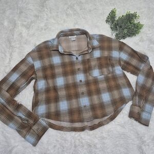 Rue21 Brown and Blue Plaid Cropped Button-Up Shirt XS